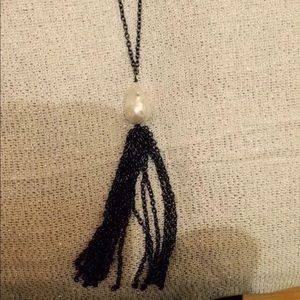 NWT Genuine Pearl Baroque Tassel Necklace Oxidized Sterling Silver, 925.